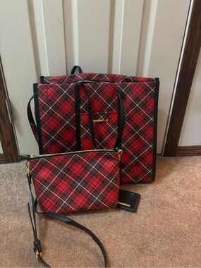Steve Madden Red Plaid Tote with Matching Crossbody Pouch